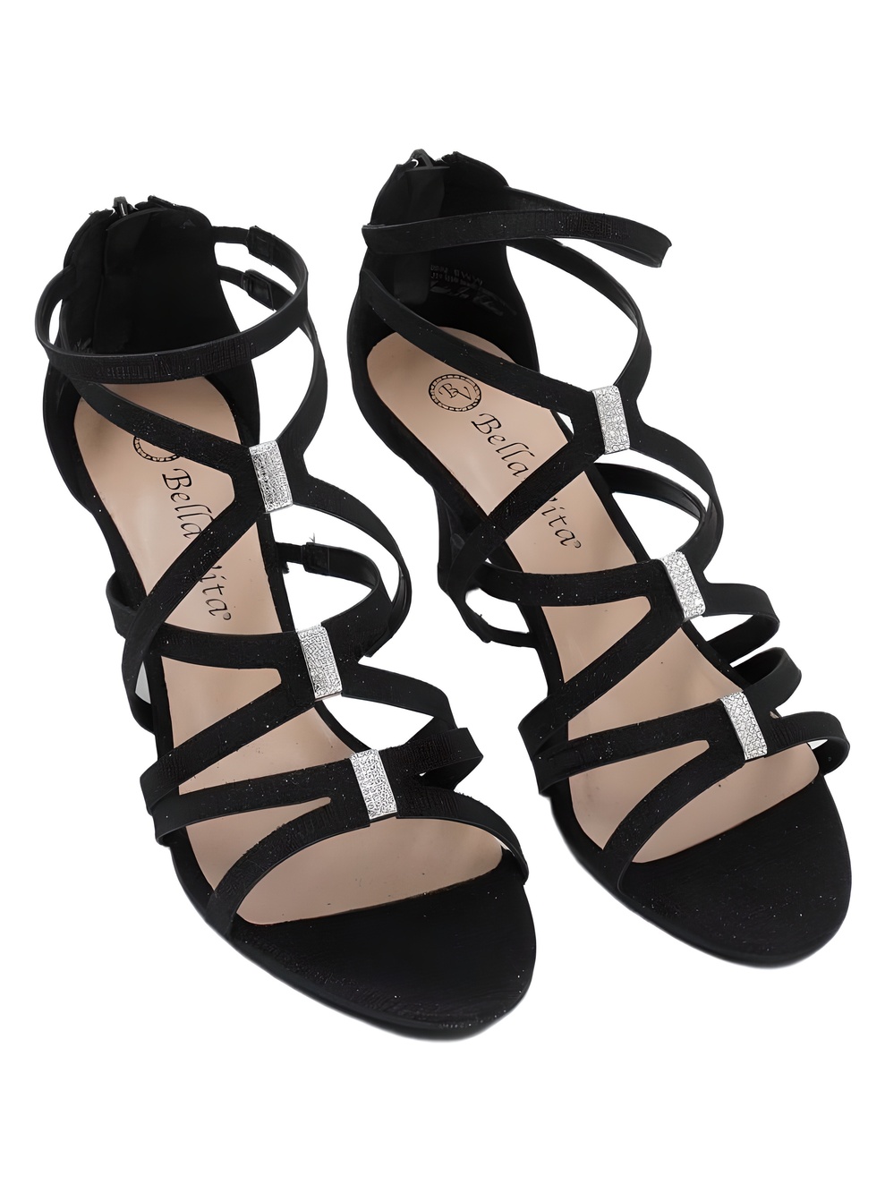 Bella Vita Karlette Black Glitter Rhinestone Strappy Dress Sandals Size 6WW